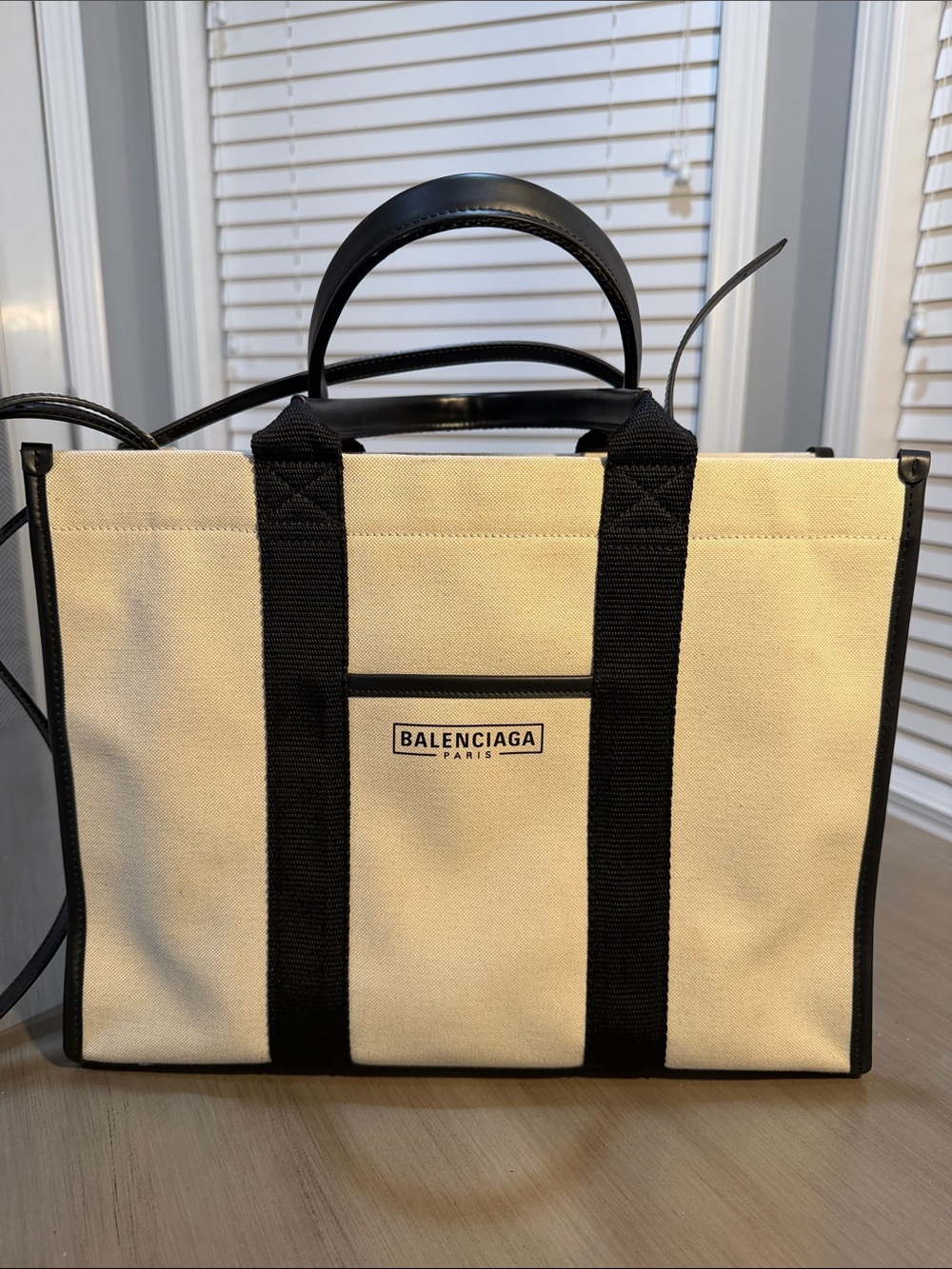 Balenciaga Cream & Black Canvas  Tote with Leather Trim